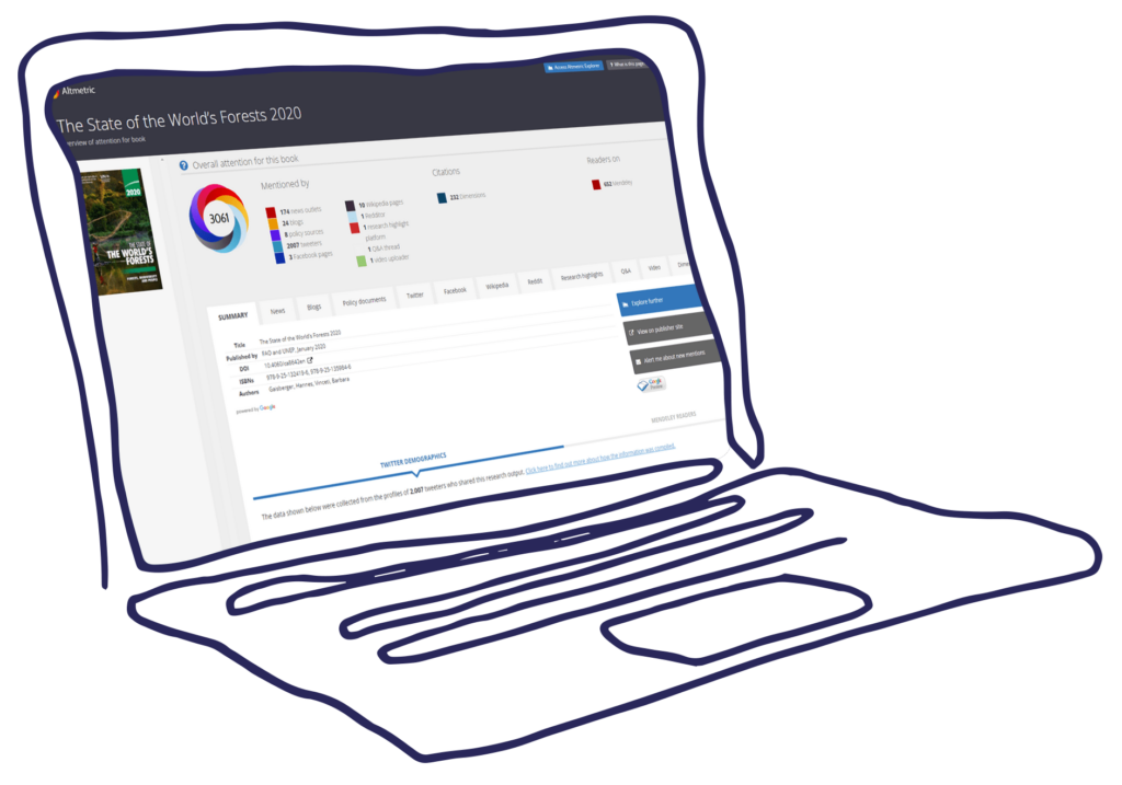 angled laptop with a sidebar next to an Altmetric donut with square icons and multiple menu tabs and citation data