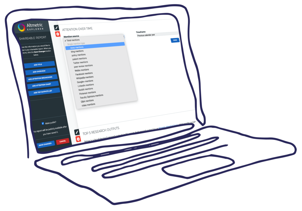angled laptop with a sidebar next to five buttons and a dropdown menu